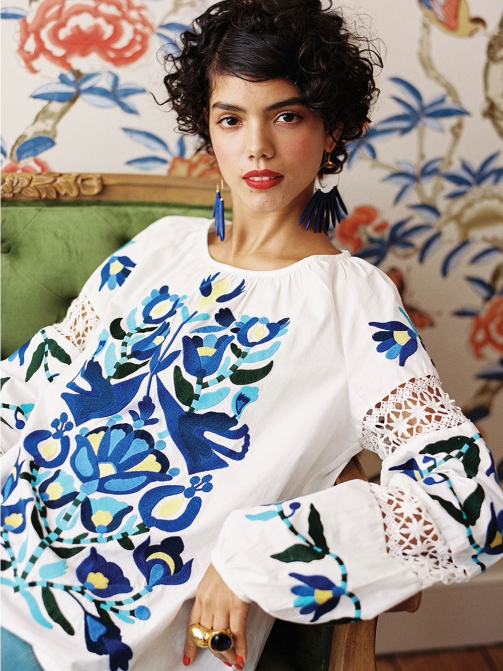 Frances Valentine White Tunic with Blue & Green Floral Embroidery